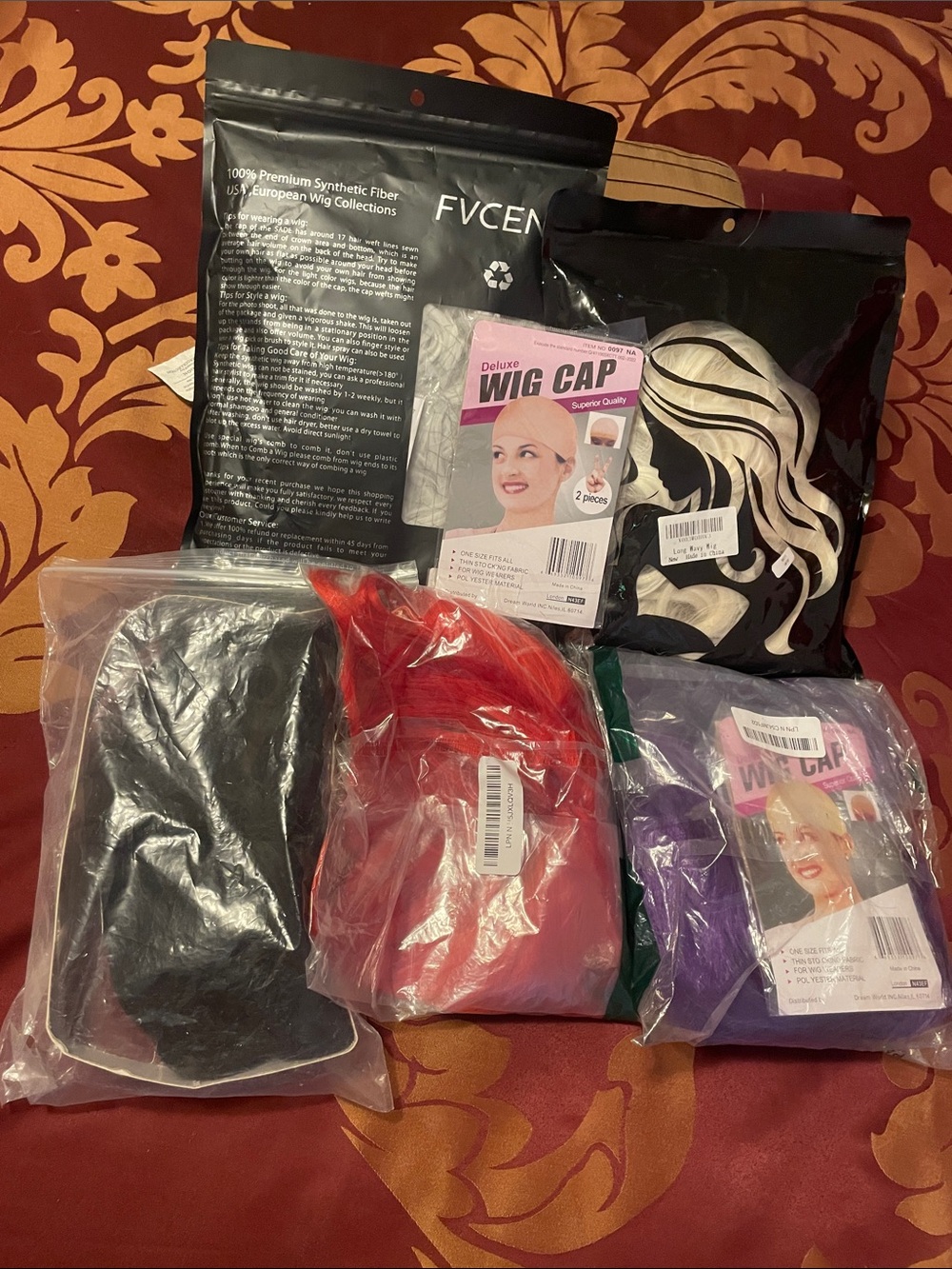 Mixed Synthetic Wig Caps & Hairpieces Bundle - Black, Red, Purple, Cream